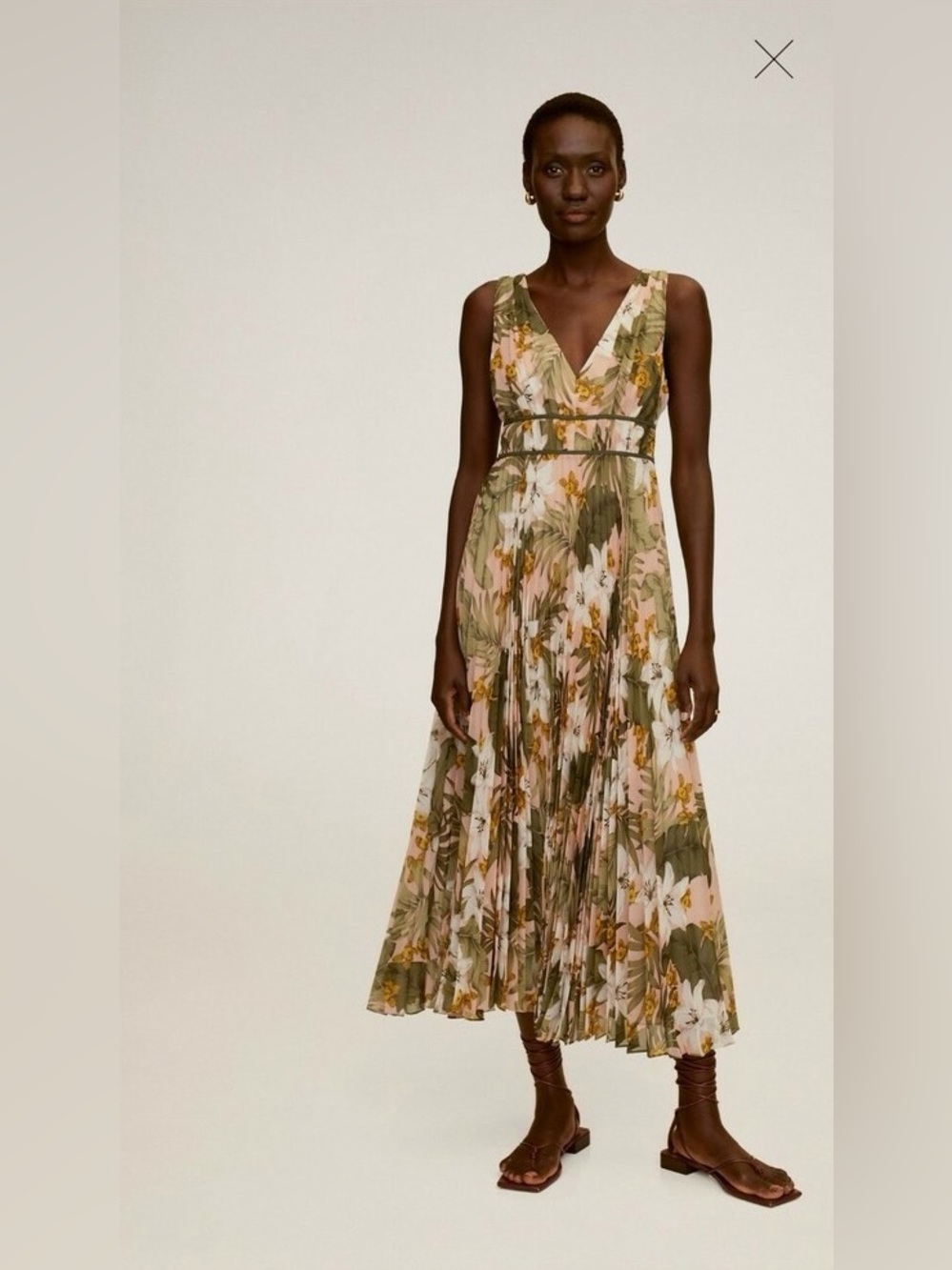 Mango Pleated Floral Chiffon Midi Dress
